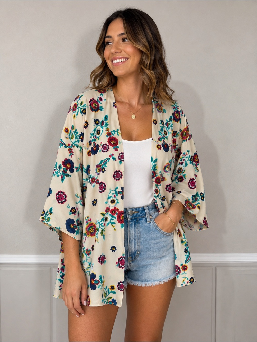 Floral Open-Front Kimono in Cream - Picture 1 of 7
